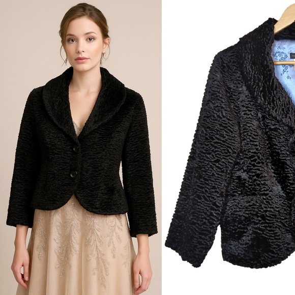Retro Black Wool Blend Faux Persian Lambswool Short Coat Formal Dressy - Picture 1 of 15